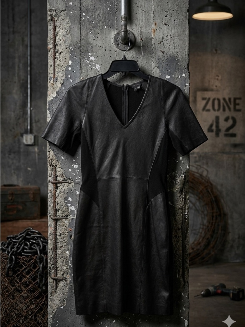 Theory Black Lambskin Leather V-Neck Short-Sleeve Dress